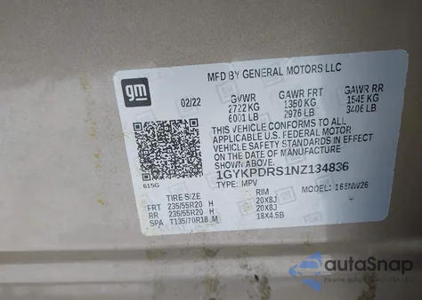 2022 Cadillac Xt6 Awd Premium Luxury z USA, uszkodzony, nr VIN 1GYKPDRS1NZ134836